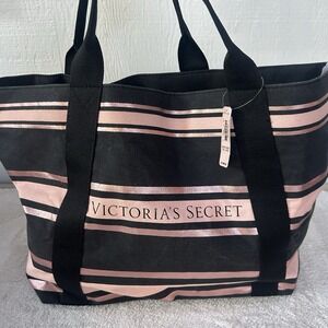 Victoria Secret Striped Weekender Tote Beach Bag Pink/Black NWT